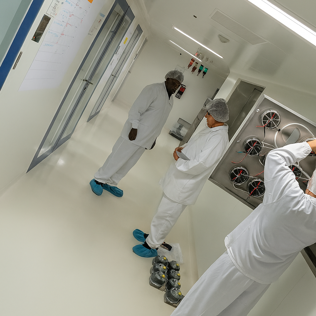 Técnicos en salas limpias dentro de laboratorio farmacéutico, sistemas HVAC validados según GAMP 5